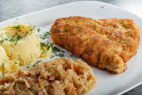 kotlet, schabowy, jedzenie, posiłek, obiad, smażone, płyta, dania, kartofel, lunch, gotowanie, wieprzowina, pieczone, grilla, knajpa
