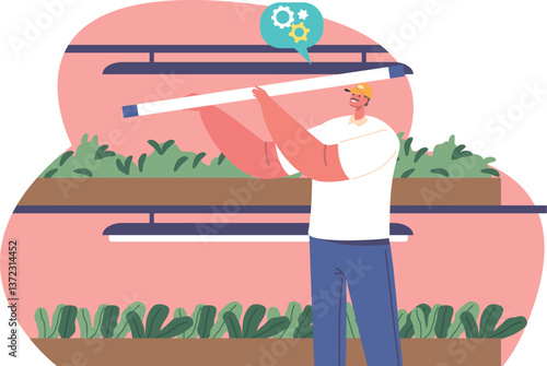 Repairman installing phytolamp in greenhouse