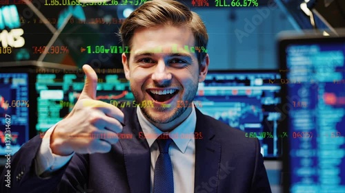 Confident trader in suit smiling broadly, showing thumb up for doing a great job. Monitors display financial data reflecting his experience, success and enthusiasm. Data hologram.