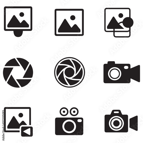 Photo and video icon set. Icons of photography, image, photo gallery, video camera and photo camera. Diaphragm icon. image, photo gallery Silhouette Vector Black illustration. with white background