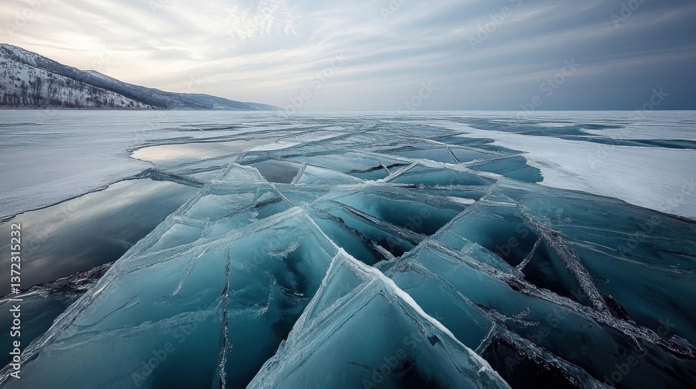 Frozen lake, fractured ice, mountain range, tranquil winter scene