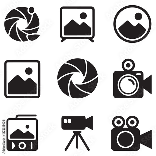 Photo and video icon set. Icons of photography, image, photo gallery, video camera and photo camera. Diaphragm icon. image, photo gallery Silhouette Vector Black illustration. with white background