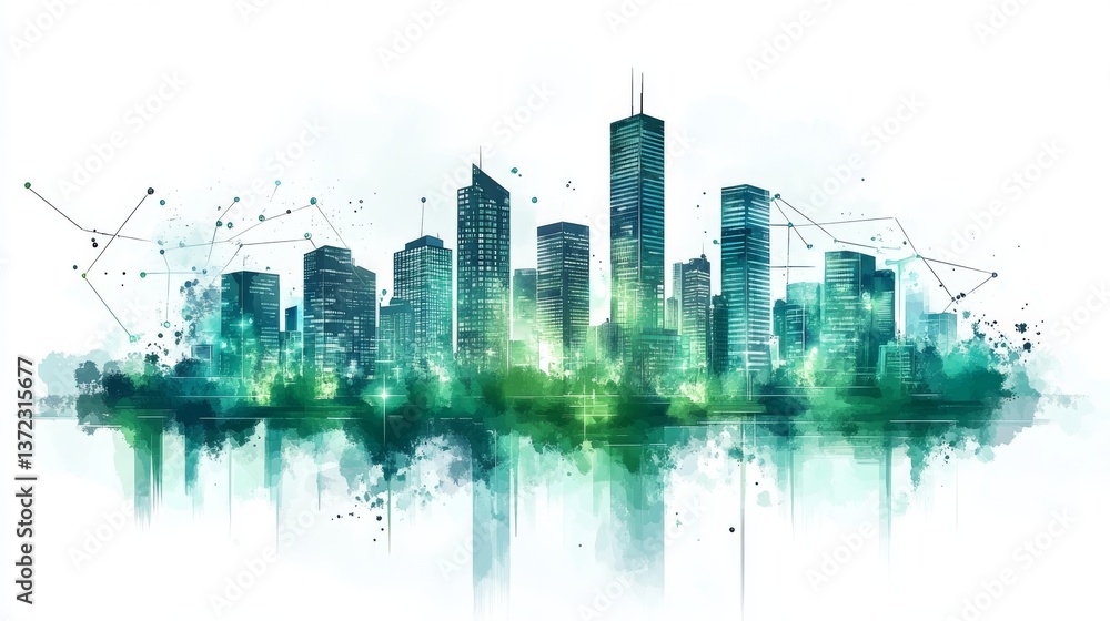 Fototapeta premium Cityscape illustration with buildings against a white backdrop and connecting lines
