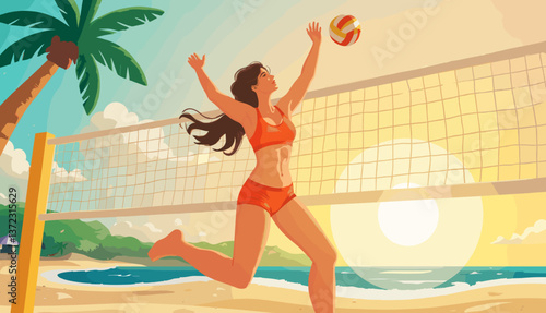 Beach volleyball player jumping to hit the ball against sunset background  