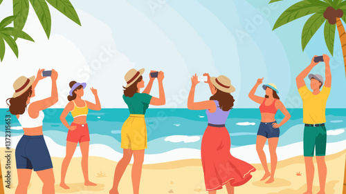 Group of people enjoying vacation taking photos on the beach  