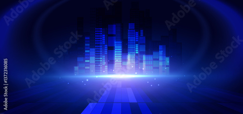 Futuristic smart city night skyscrapers on dark blue background.