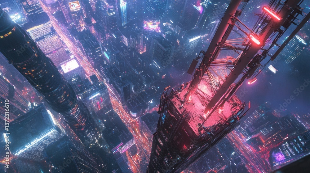 Futuristic city aerial view with elevated structure, urban lights, and busy traffic