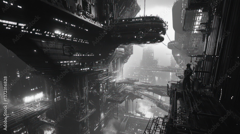 Futuristic city, person standing on elevated walkway, dark, atmospheric, digital art