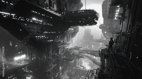 Obraz na płótnie Futuristic city, person standing on elevated walkway, dark, atmospheric, digital art w salonie