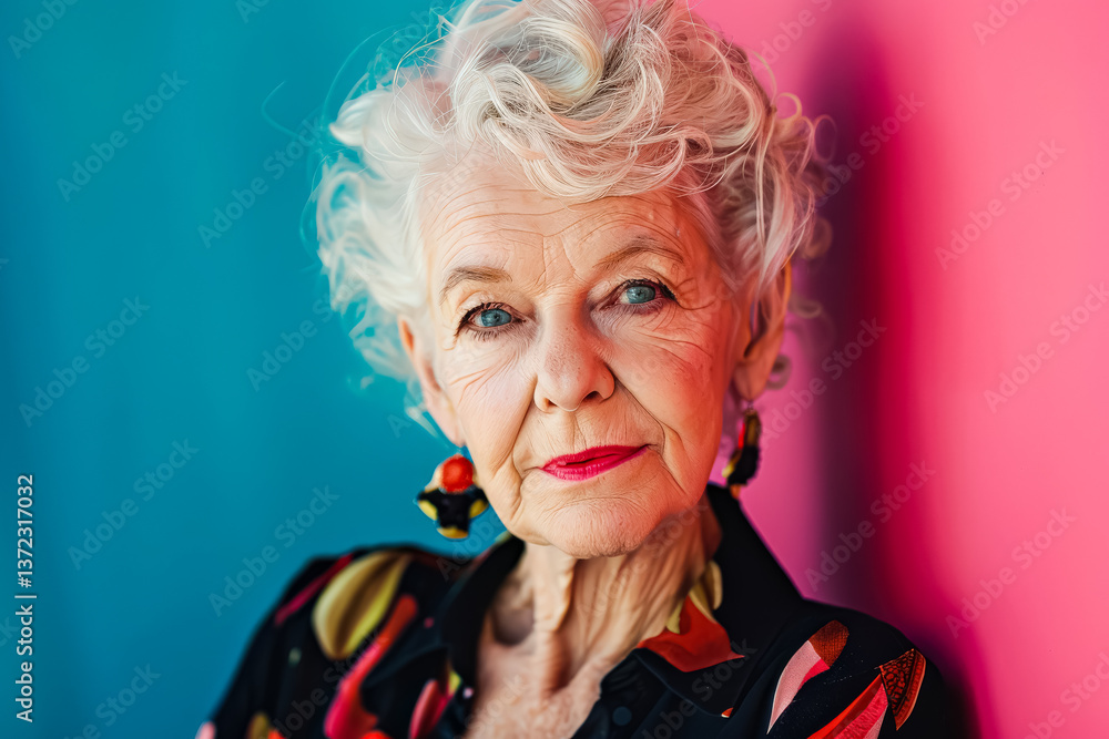 Woman with short hair and a red lipstick is standing in front of a pink wall. She is wearing a black shirt with a floral pattern Woman with short hair and a red lipstick is standing in front of a pink wall. She is wearing a black shirt with a floral pattern