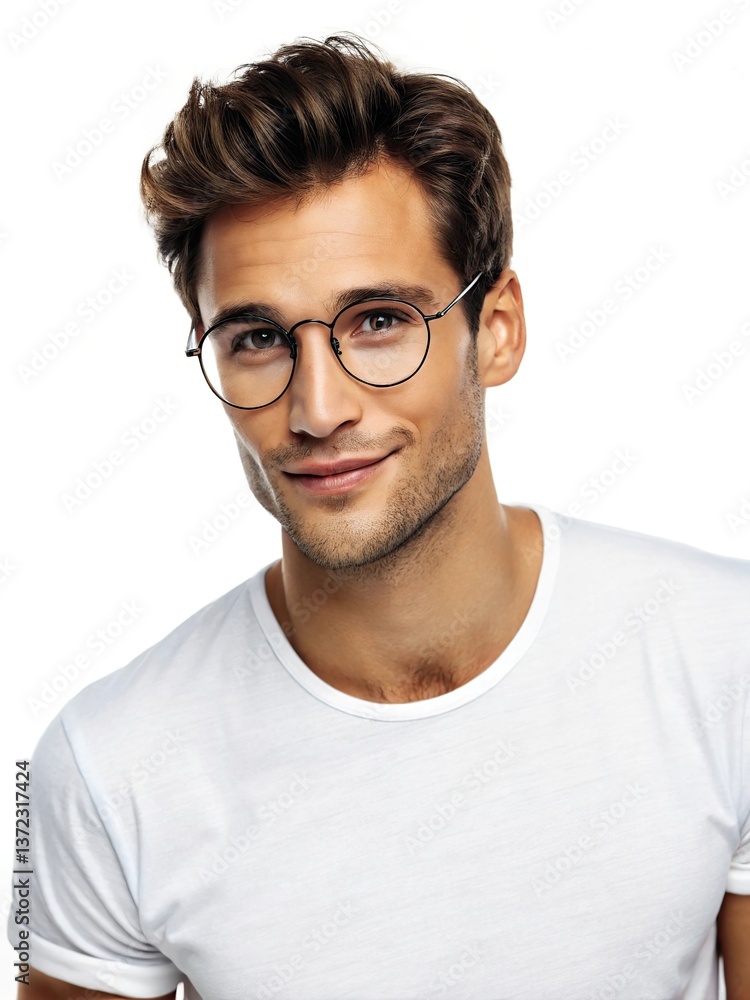 Handsome Man in Round Glasses, White T-Shirt Handsome Man in Round Glasses, White T-Shirt