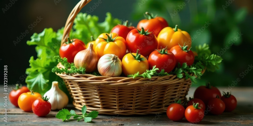 A wicker basket brimming with vibrant red and yellow tomatoes, complemented by fresh onions and garlic, sits amidst lush green herbs on a rustic wooden surface. A wicker basket brimming with vibrant red and yellow tomatoes, complemented by fresh onions and garlic, sits amidst lush green herbs on a rustic wooden surface.
