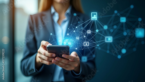 Wallpaper Mural Photo Realistic Double Exposure of a Person and Smartphone: Symbolizing Connectivity and Innovation in Mobile Technology with Copy Space for Creative Use Torontodigital.ca