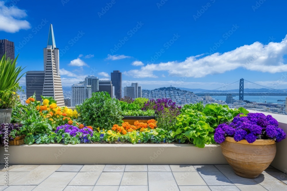 A city skyline with a lush rooftop garden filled with vegetables, flowers, and beehives A city skyline with a lush rooftop garden filled with vegetables, flowers, and beehives