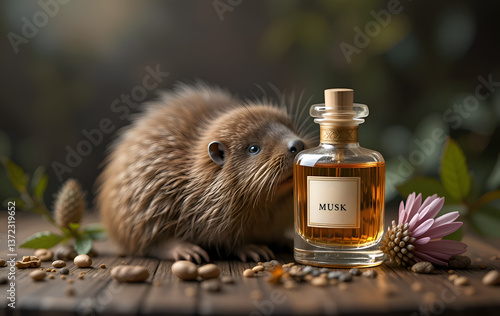Obraz na płótnie Beaver musk (Perfumery ingredient) bottle with beaver around forest background. perfumery concept. Ai generated w salonie