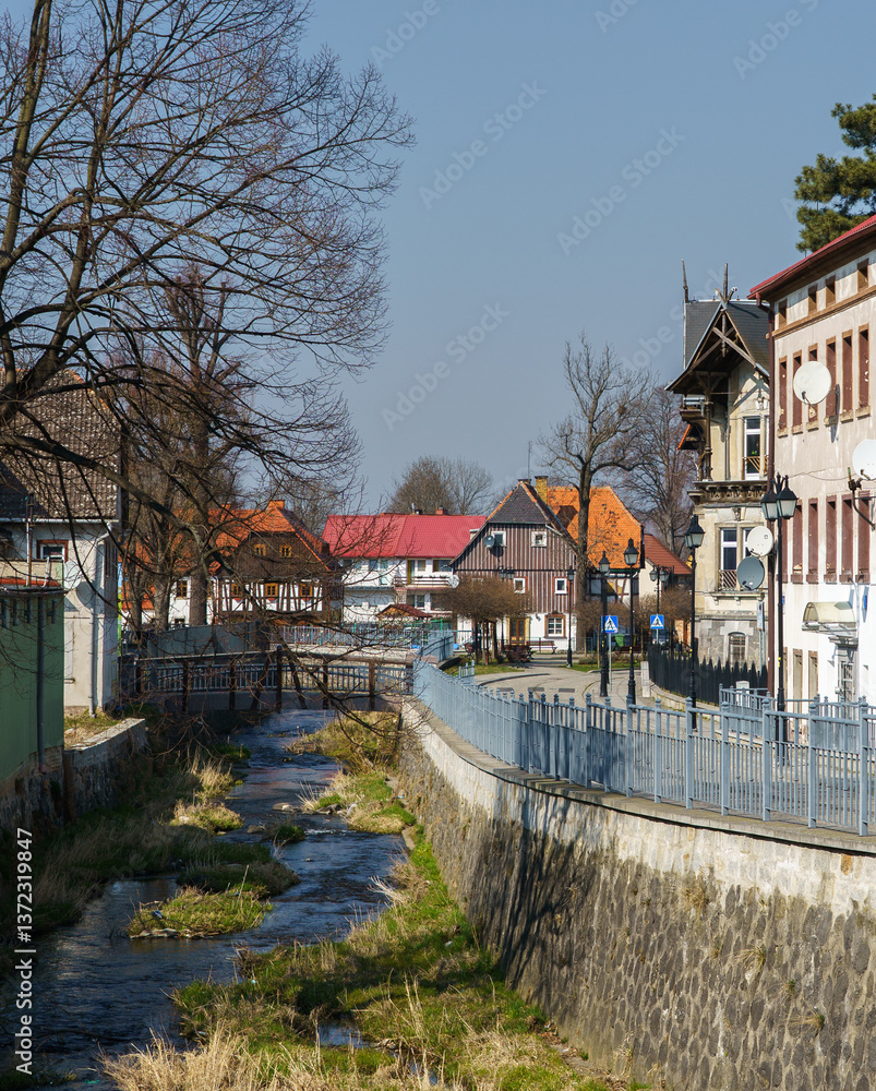 Fototapeta premium Cityscape of Bogatynia old town. Zgorzelec County, Lower Silesian Voivodeship (Dolny Śląsk), Poland.