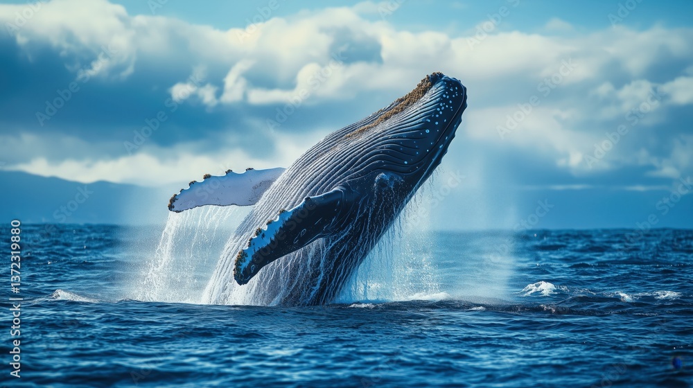 Fototapeta premium Majestic Whale Spouting Water From Blowhole in Ocean Scene