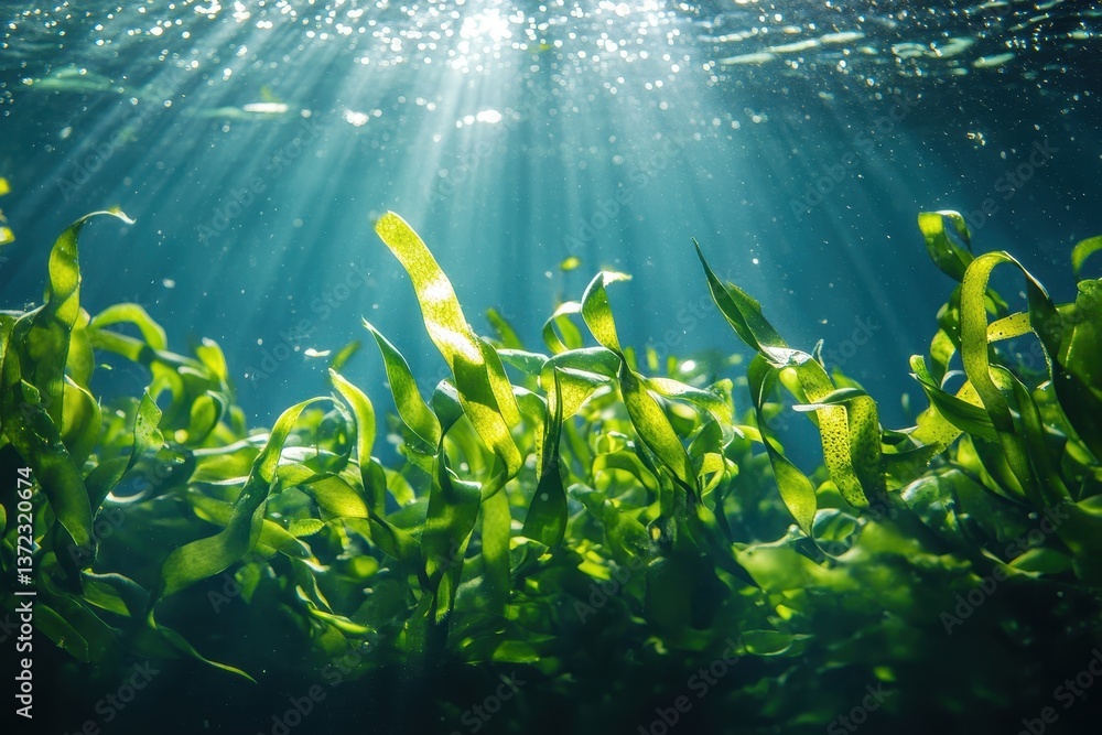 Fototapeta premium Sunlight filters through turquoise water, illuminating vibrant green seaweed. Great for showing ocean life, marine biology or ocean conservation.