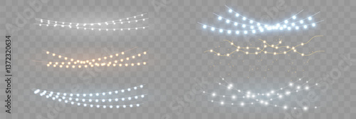 Vector garlands glow. Glowing garlands of bulbs and lamps. On a transparent background.