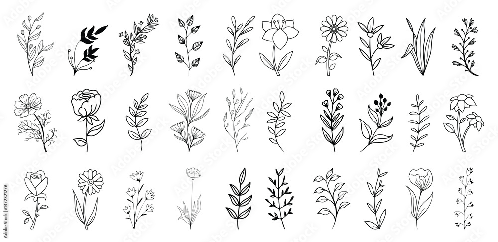 Fototapeta premium black branch leaf element set. Hand drawn sketch doodle golden leaves floral element for wedding background, elegant design. Vector illustration.