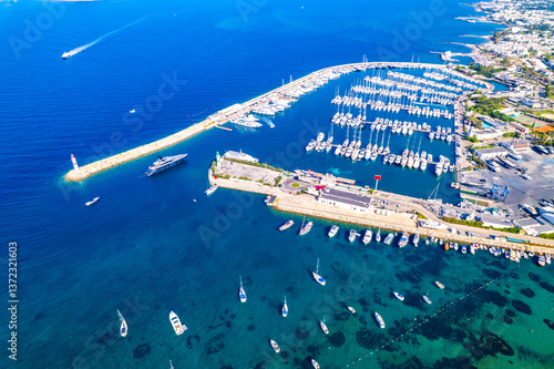 Fototapeta Naklejka Na Ścianę i Meble -  Aerial view of Turgutreis, Bodrum. Mugla, Turkey. Panoramic view of Turgutreis marina and beach. Drone shot.