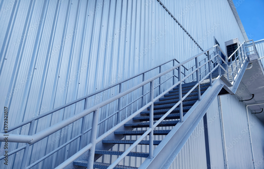 Fototapeta premium A set of stairs ascending a large blue wall