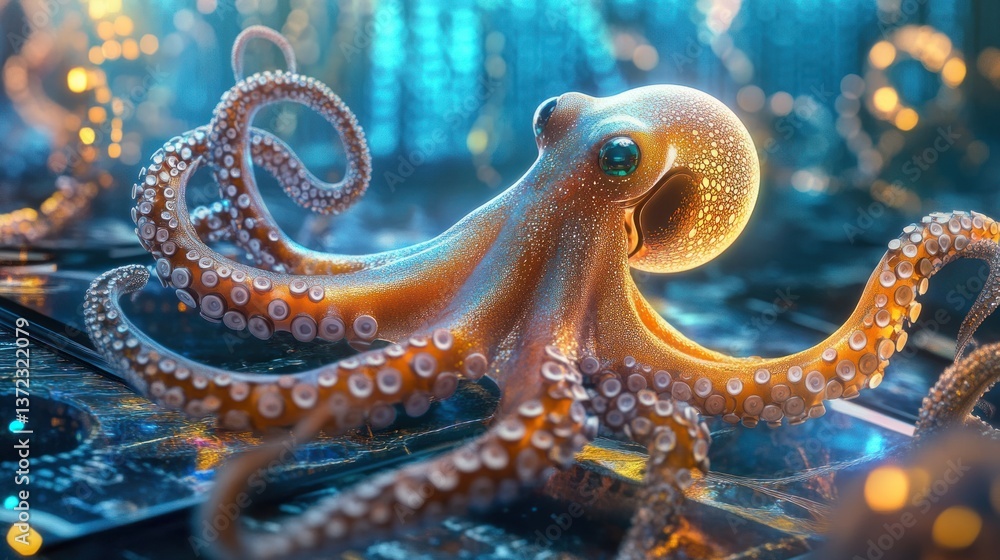 Futuristic octopus on tech surface with glowing city lights