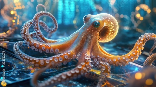 Obraz na płótnie Futuristic octopus on tech surface with glowing city lights w salonie