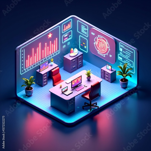 Modern Futuristic Office Workspace with Neon Lights and Data Visualization Displays