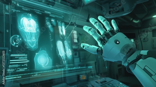 Obraz na płótnie Futuristic robotic hand interacting with medical scans in a sterile lab w salonie