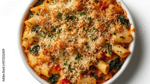 Creamy tuna noodle casserole, baked with breadcrumbs and cheese on top