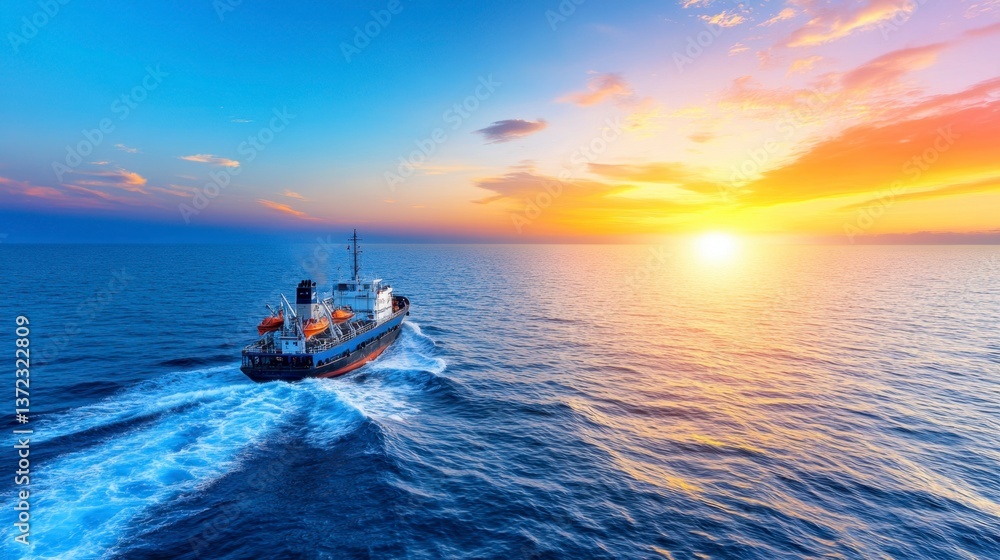 Naklejka premium A dark blue cargo ship sails on a calm ocean at sunset. The sun is setting in a vibrant orange and yellow sky with colorful clouds. The wake of the ship is visible in the water.