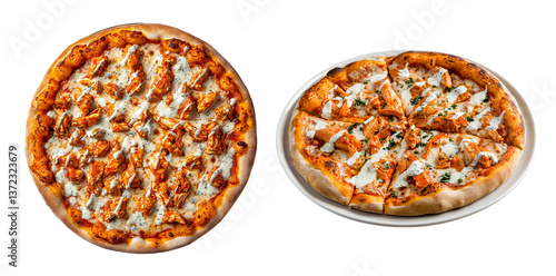 Buffalo chicken pizza with ranch drizzle, isolated on transparent background