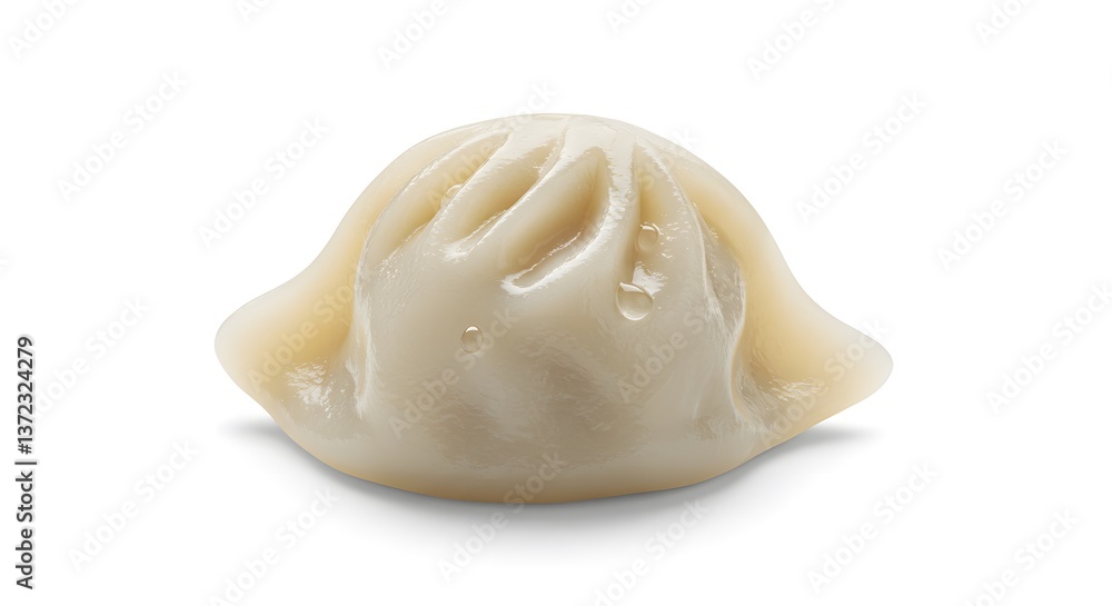Naklejka premium A single, plump dumpling, delicately pleated and glistening, promising a flavorful and comforting bite, presented against a pure white backdrop.
