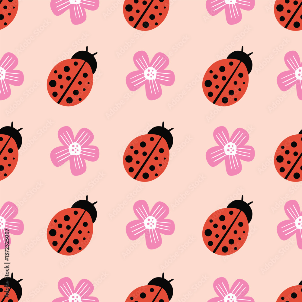 Fototapeta premium Ladybug and flower cute spring seamless pattern design