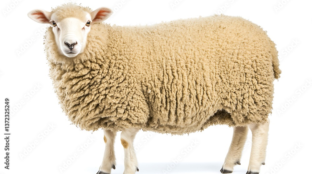Fototapeta premium A solitary sheep is facing the camera on a white background