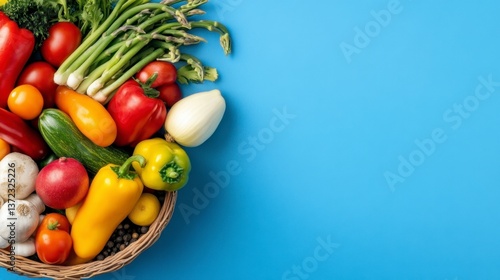 Vibrant assortment of fresh vegetables in a woven basket against a solid blue background. Includes tomatoes, bell peppers, asparagus, and more.