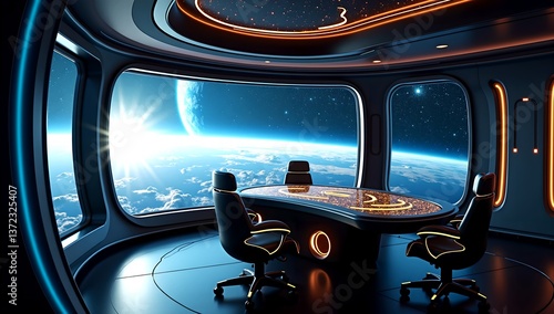 Futuristic Spaceship Conference Room with Earth View Stunning Office Design overlooking Planet