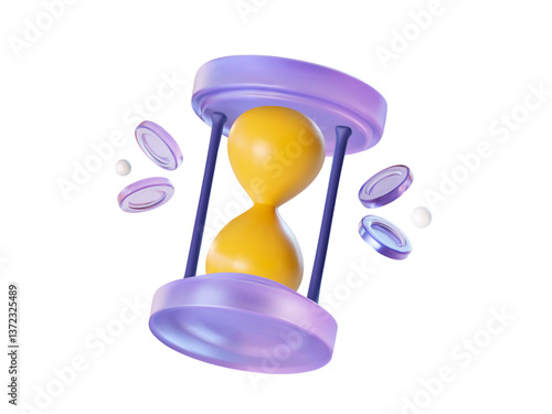 3D purple hourglass with yellow sand and floating holographic coins. 