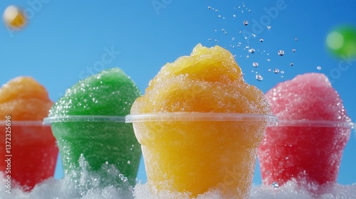 Four vibrant snow cones in various colors sit on a bed of ice against a bright blue sky. Water droplets are splashing, adding a dynamic feel.