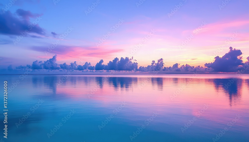 A serene seascape at twilight, featuring calm waters reflecting vibrant hues of pink, purple, and blue against a backdrop of fluffy clouds. A serene seascape at twilight, featuring calm waters reflecting vibrant hues of pink, purple, and blue against a backdrop of fluffy clouds.