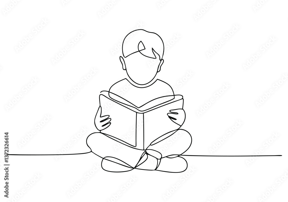 Continuous line drawing of a boy sitting on the floor reading a book in ...