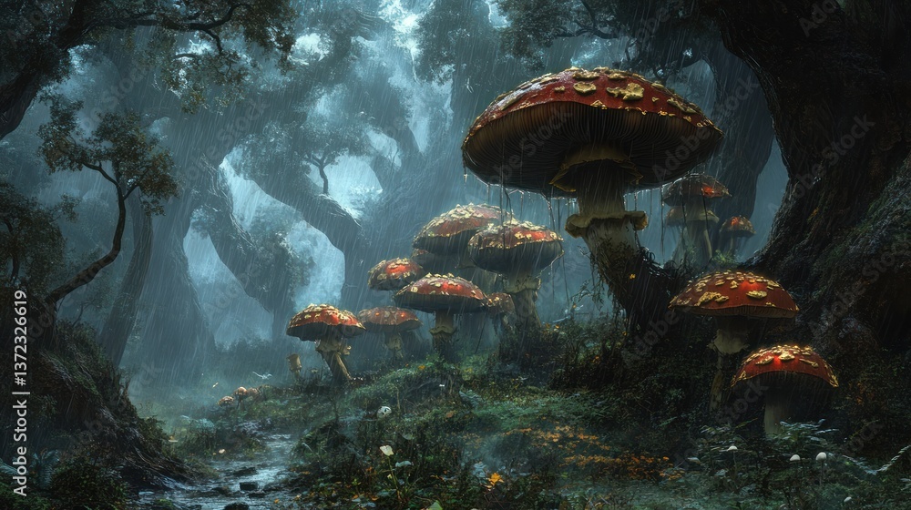 Giant mushrooms in a mystical forest path in a rainy setting