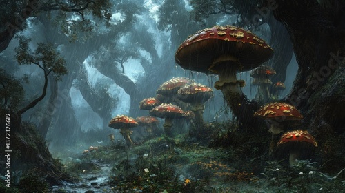 Obraz na płótnie Giant mushrooms in a mystical forest path in a rainy setting w salonie