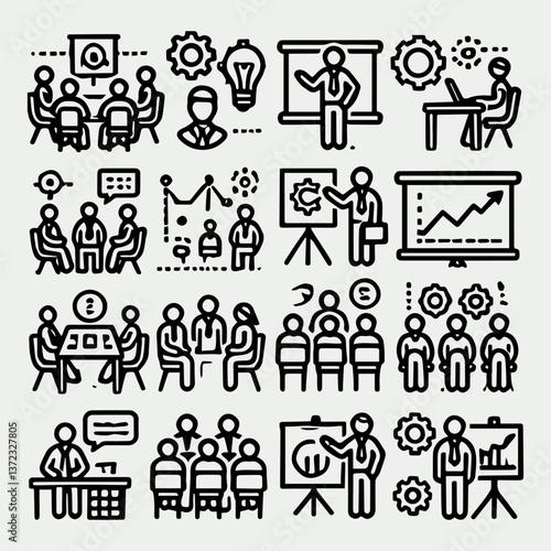 Outline business presentation and teamwork icons collection for corporate use