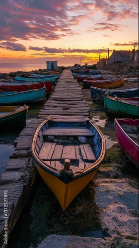 Colorful boats line a wooden pier at sunset. The vibrant hues reflect a serene atmosphere by the water. Explore tranquility and inspiration in this image. Generative AI