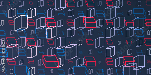 A vibrant abstract pattern of repeating 3D cubes in red, blue and white on a dark blue background. The bold geometric design and contrasting colors create a striking modern visual.