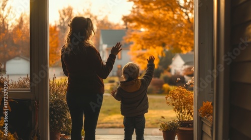 Mother and Child Waving Goodbye Through Doorway, Autumn Sunset