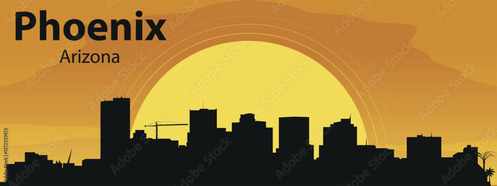 Silhouette of the Phoenix, Arizona city skyline against the background of the Big Yellow Sun and yellow sky Silhouette of the Phoenix, Arizona city skyline against the background of the Big Yellow Sun and yellow sky