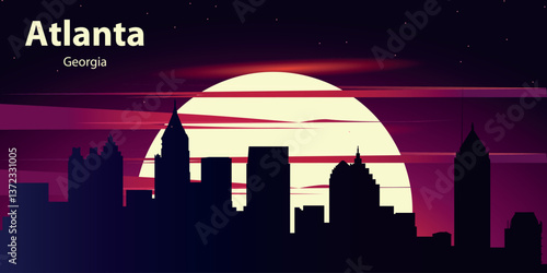 black silhouette of the city of Atlanta, Georgia against the backdrop of the Big Yellow Moon and the starry sky with red clouds. City panorama in neon style.
